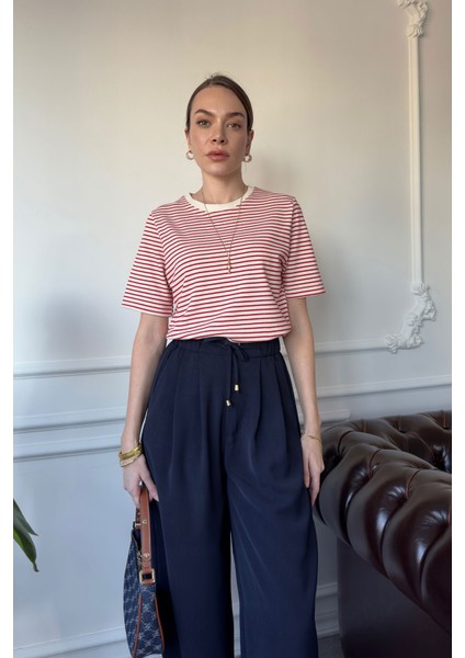 Marka Model Çizgili Kısa Kol Tshirt- Kırmızı