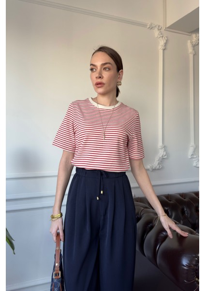 Marka Model Çizgili Kısa Kol Tshirt- Kırmızı