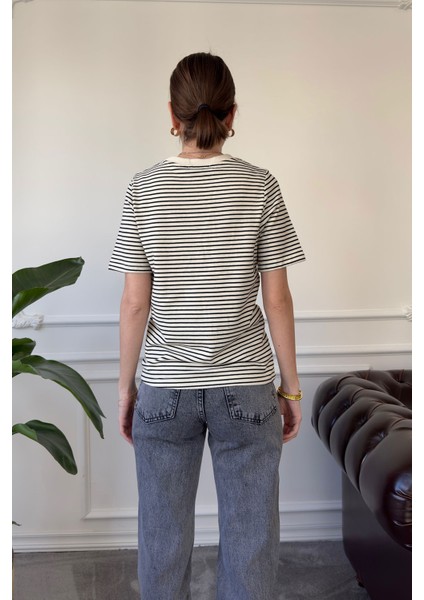 Marka Model Çizgili Kısa Kol Tshirt- Siyah