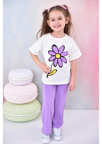 Kız Çocuk Papatya Baskılı Bisiklet Yaka 4/12 yaş Garson Takımı