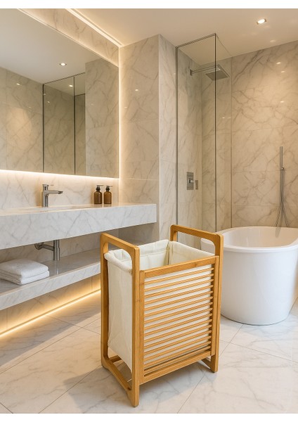 Modern Bambu Çamaşır Kirli Sepeti Geniş Hacim 61X40 X35 cm 100 Lt