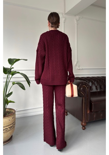 Bisiklet Yaka Saç Örgülü Şallı Takım- Bordo