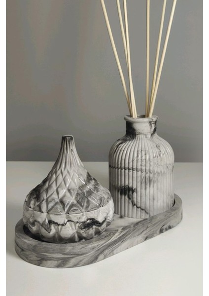 Mermer Desen Kapaklı Dekoratif Kutu ve Vazo Seti