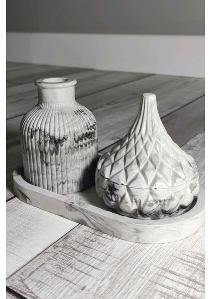 Mermer Desen Kapaklı Dekoratif Kutu ve Vazo Seti fiyatları