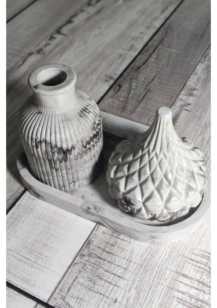 Mermer Desen Kapaklı Dekoratif Kutu ve Vazo Seti modelleri