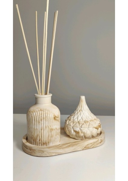 Kahve Mermer Desen Kapaklı Dekoratif Kutu ve Vazo Seti