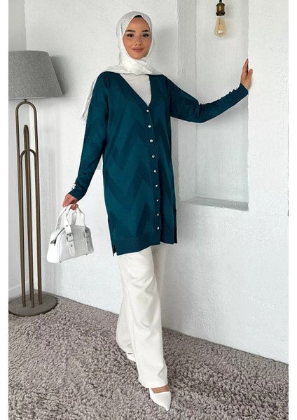 Ön Düğmeli Desenli Tesettür Triko Hırka (M-L-Xl Uyumludur) P-00018881