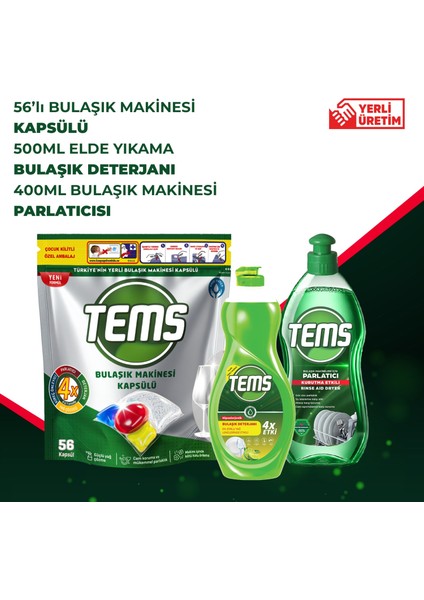 4 Etkili Bulaşık Makinesi Kapsülü 56'lı + Tems Bulaşık Makinesi Parlatıcı 400 ml + Tems Elde Yıkama Bulaşık Deterjanı 500 ml