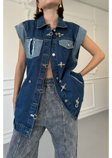 Çengelli Garnili Oversize Denim Ceket- Mavi