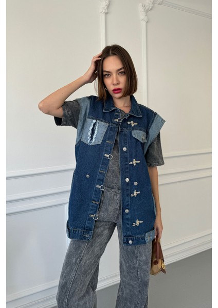 Çengelli Garnili Oversize Denim Ceket- Mavi