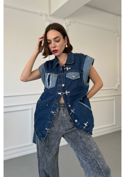 Çengelli Garnili Oversize Denim Ceket- Mavi
