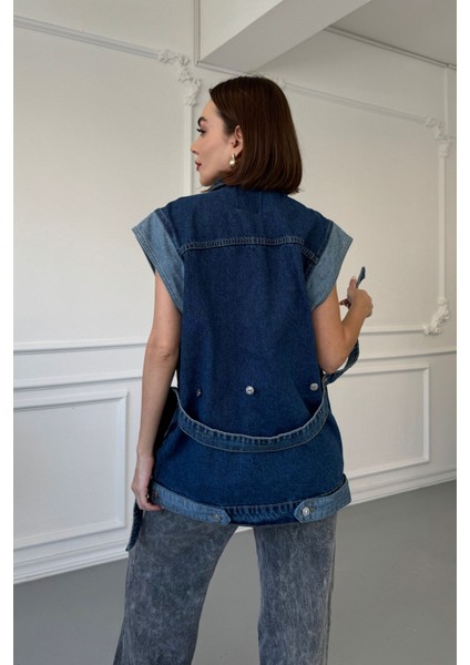 Çengelli Garnili Oversize Denim Ceket- Mavi
