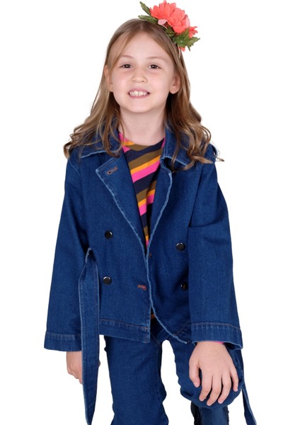 %100 Pamuk Mavi Denim Baharlık Kız Çocuk Ceket