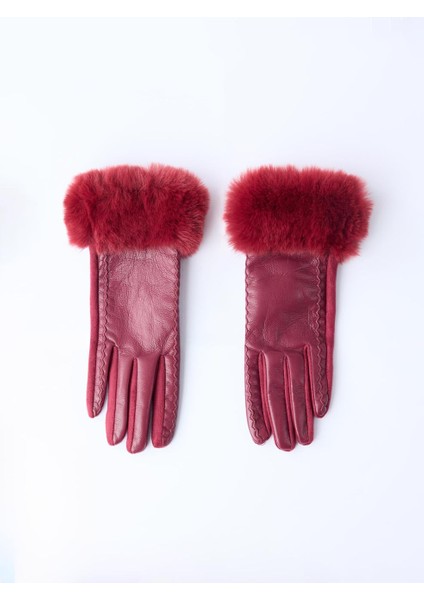 Bordo Deri Görünümlü Peluş Detaylı Eldiven