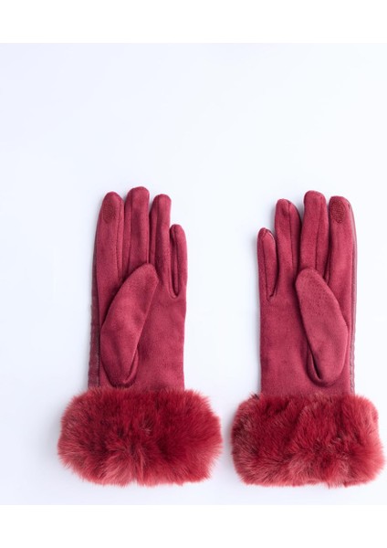 Bordo Deri Görünümlü Peluş Detaylı Eldiven fiyatları