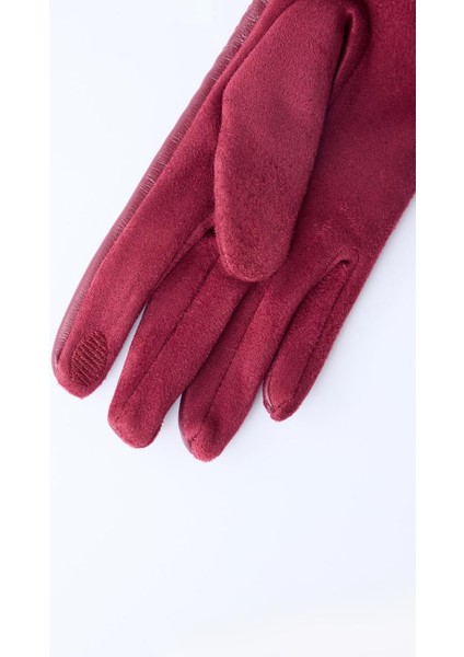 Bordo Deri Görünümlü Peluş Detaylı Eldiven modelleri