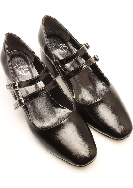 Idil Siyah Rugan Çift Bantlı Kadın Topuklu