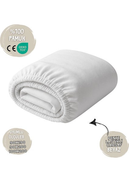 %100 Pamuk Likralı Lastikli Penye Çarşaf - Beyaz – 90X190 / 90X200 / 100X200 Uyumlu
