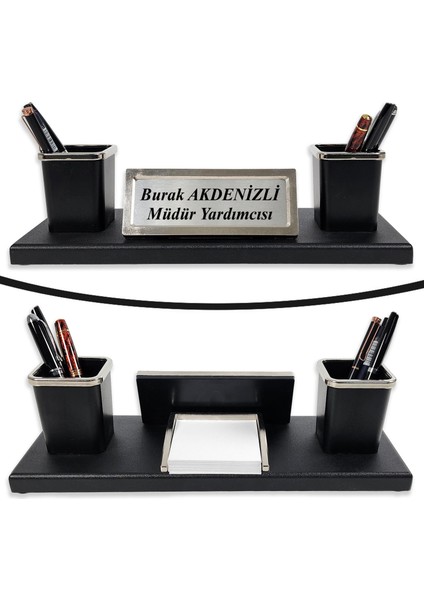 Nevila Siyah Ahşap Tabanlı Lüks Masa Isimliği Isimlik ve Kalemlik Seti Yeni Iş Ofis Hediyesi