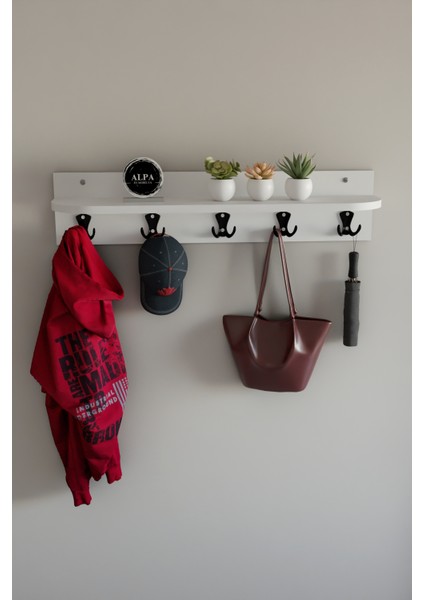 Raflı 5 Askılı Portmanto Duvar Askılığı, Elbise Askılığı, Modern Tasarım Organizer Askılık