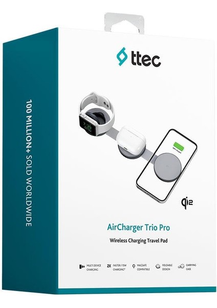 AirCharger Trio Pro Qi2/MagSafe Özellikli 15W iPhone/Android 3’ü 1 Arada iPhone + Apple Watch + AirPods Katlanabilir Seyahat Kablosuz Hızlı Şarj Pedi 2KS39S indirimleri