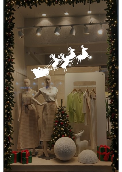 Yılbaşı Süslemeleri Noel Baba Geyikler Sticker Çıkartma Cam Vitrin Yılbaşı Sticker 26X50CM - Beyaz