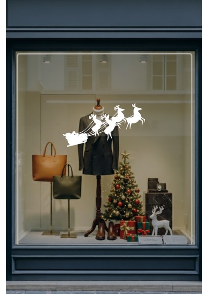 Yılbaşı Süslemeleri Noel Baba Geyikler Sticker Çıkartma Cam Vitrin Yılbaşı Sticker 26X50CM - Beyaz fiyatları