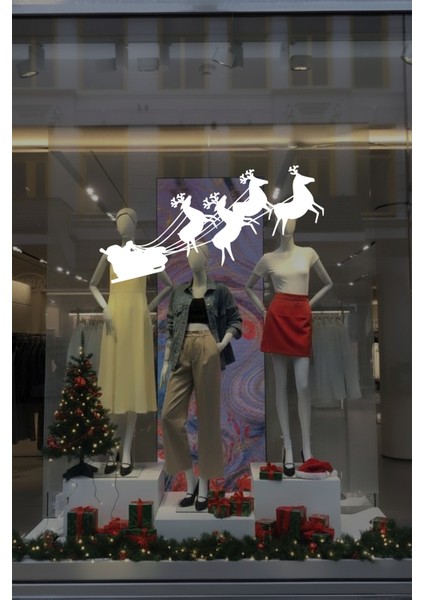 Yılbaşı Süslemeleri Noel Baba Geyikler Sticker Çıkartma Cam Vitrin Yılbaşı Sticker 26X50CM - Beyaz fırsatları