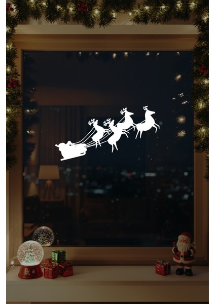 Yılbaşı Süslemeleri Noel Baba Geyikler Sticker Çıkartma Cam Vitrin Yılbaşı Sticker 26X50CM - Beyaz indirimleri