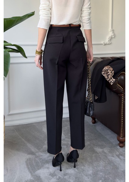 Leopar Kolu Katlı Ceket Takım- Siyah