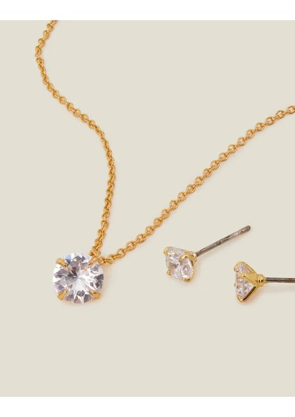 Z Tek Taş Kolye Küpe Set 14 Ayar Altın Kaplama