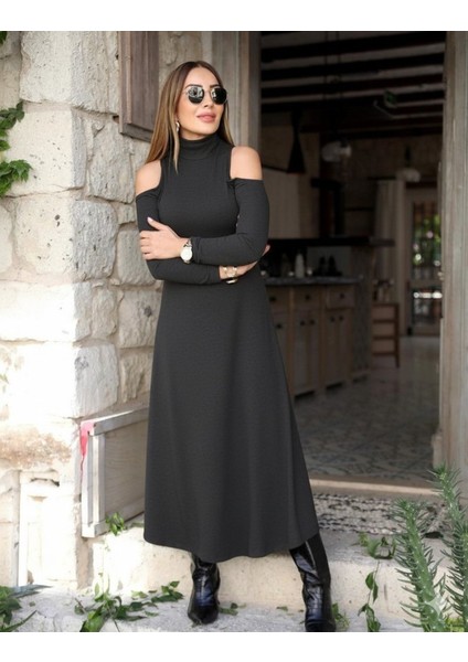 Kadın Balıkçı Yaka Omuzlardan Açık Uzun Kollu Janjan Krep Elbise fiyatları