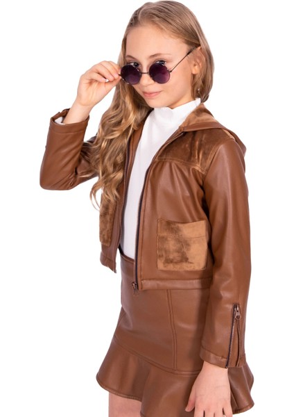 Içi Kadife Kaplı Suni Deri Kapüşonlu Kışlık Kız Çocuk Mont