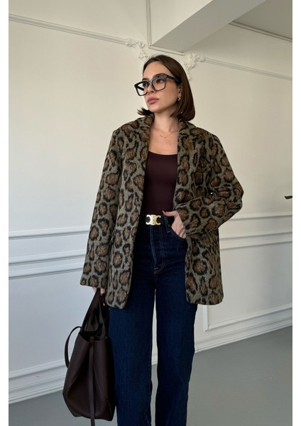 Kruvaze Kaşe Leopar Ceket- Siyah