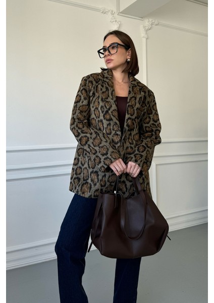 Kruvaze Kaşe Leopar Ceket- Siyah