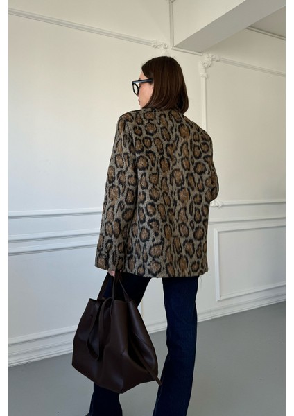 Kruvaze Kaşe Leopar Ceket- Siyah