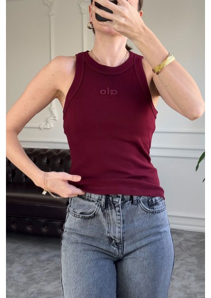 Yazı Nakış Detaylı Fitilli Crop- Bordo indirimleri