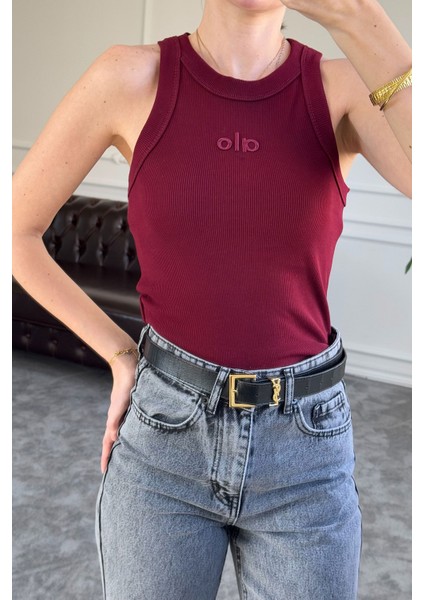 Yazı Nakış Detaylı Fitilli Crop- Bordo