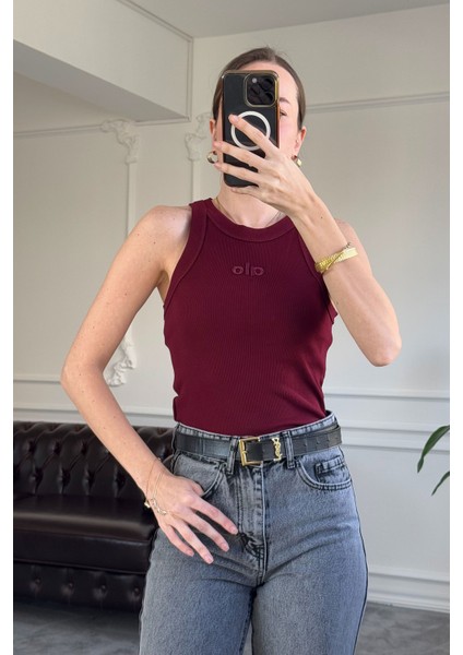 Yazı Nakış Detaylı Fitilli Crop- Bordo