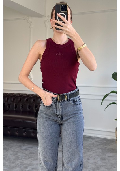 Yazı Nakış Detaylı Fitilli Crop- Bordo