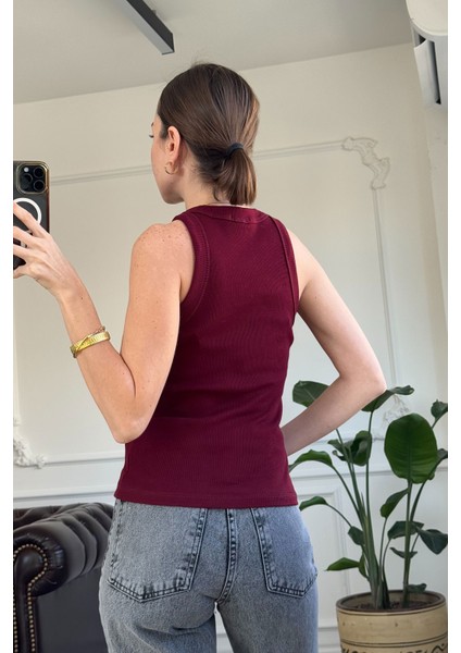 Yazı Nakış Detaylı Fitilli Crop- Bordo