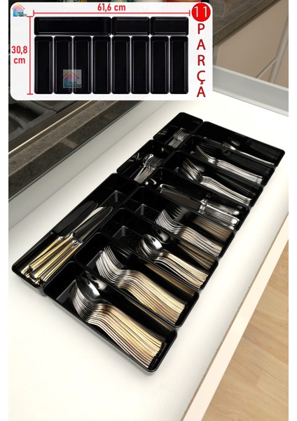 Parlak Siyah (Piano Black) 11'li Set Modüler Çekmece Içi Kaşıklık Organizer Düzenleyici