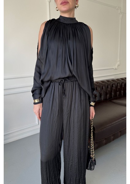 Büzgülü Tasarım Saten Pantolon- Siyah