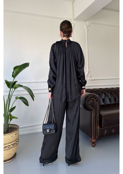 Büzgülü Tasarım Saten Pantolon- Siyah