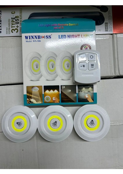 -1186 Kablosuz LED Gece Lambası (3'lü Set + Uzaktan Kumanda)