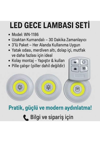 -1186 Kablosuz LED Gece Lambası (3'lü Set + Uzaktan Kumanda) fiyatları