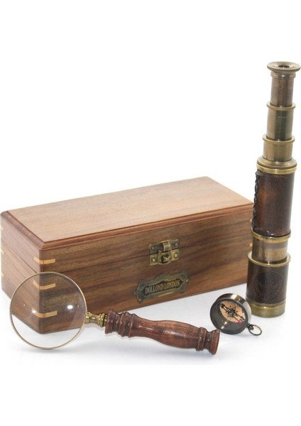 Ahşap Kutu Pirinç Pusula, Dürbün, Büyüteç, Seti Model 2