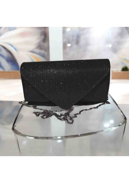 Shyne Kadın Taş Görünümlü Parıltılı Zincir Askılı Siyah Abiye Çanta