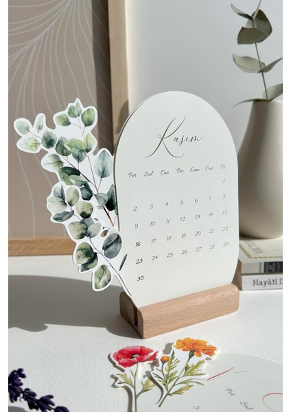 2026 Çiçekli Masa Takvimi | 12 Ay Özel Tasarım | Ahşap Standlı Dekoratif Takvim 2026 Floral Tasarım indirimleri