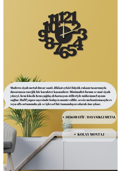 Sessiz Mekanizma Siyah Metal Dekoratif Duvar Saati 45X43CM fırsatları